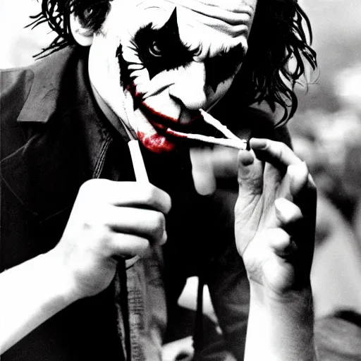 Image similar to photograph of the joker smoking a joint at woodstock, close - up shot, circa 1 9 6 9