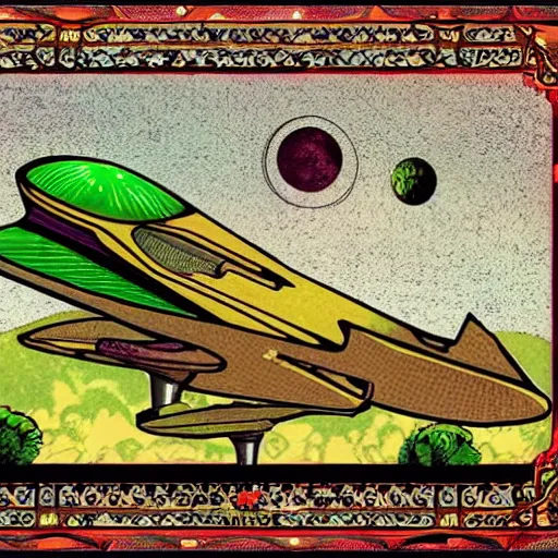 Image similar to ottoman style spaceship, lush pastoral woodland scene, pulp science fiction illustration