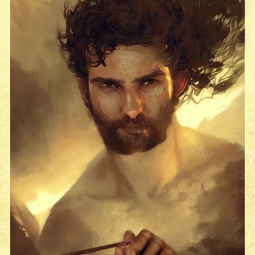 Image similar to young gladiator man with a trim beard, athletic, dopey expression, holding a net, fantasy character portrait by greg rutkowski, gaston bussiere, craig mullins