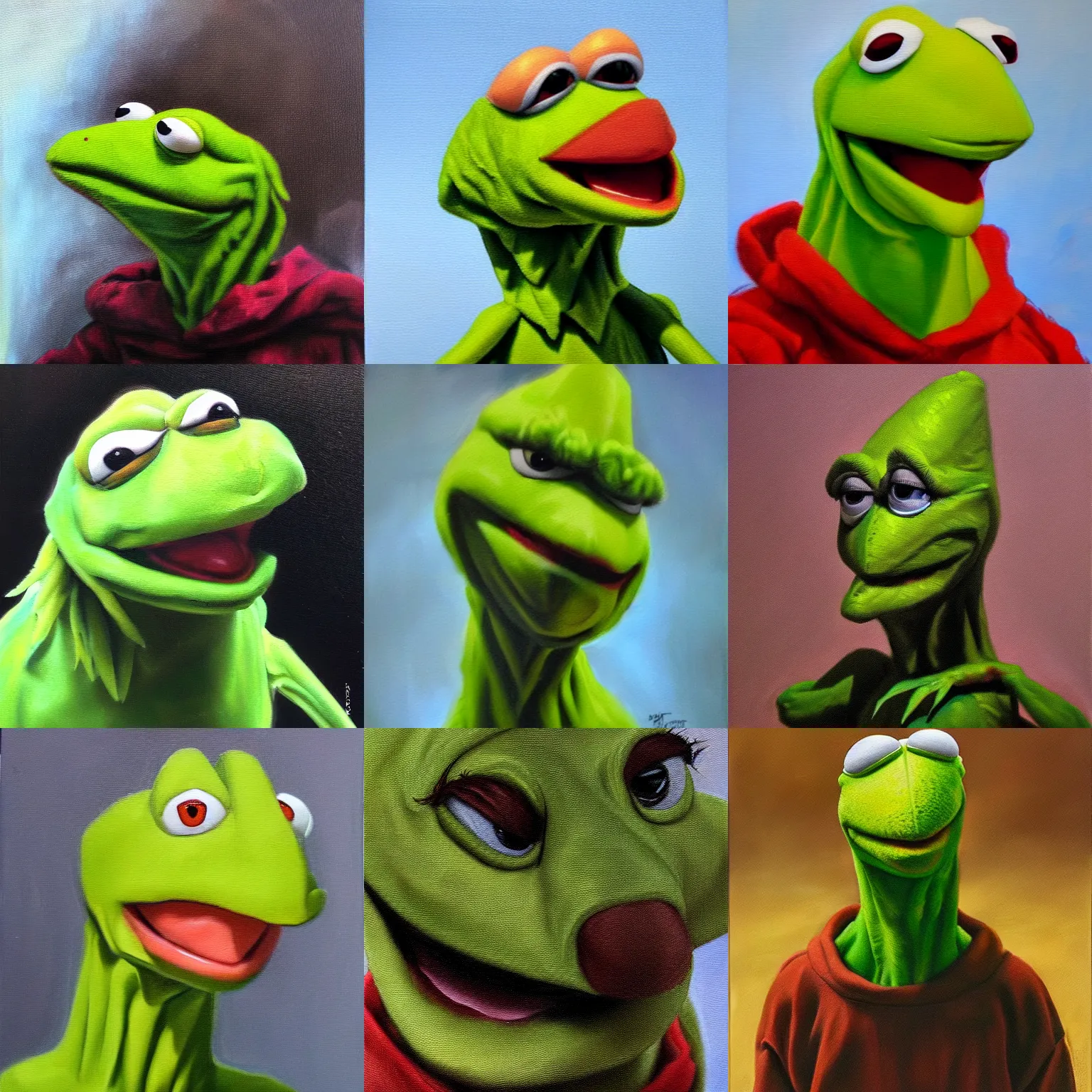 Prompt: very angry kermit, realistic portrait, oil painting