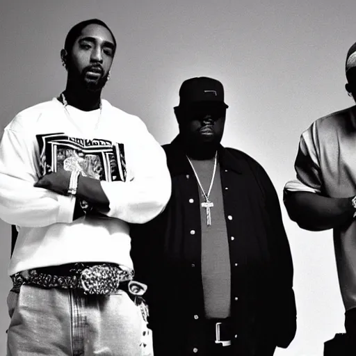 Prompt: Tupac, Notorious BIG, and Nipsey Hussle together as angels in heaven