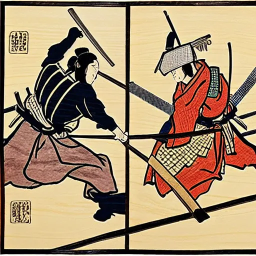 Image similar to two samurai battle each other with different banner, one with tortoise banner, one with wolf banner, wood block painting style, outline style, hand drawn style, hokusai style, circa 1 5 0 0 s, history, legendary battle, epic battle, breath taking, piece of history, museum collection, scretch, dust, grain, noise, on wood