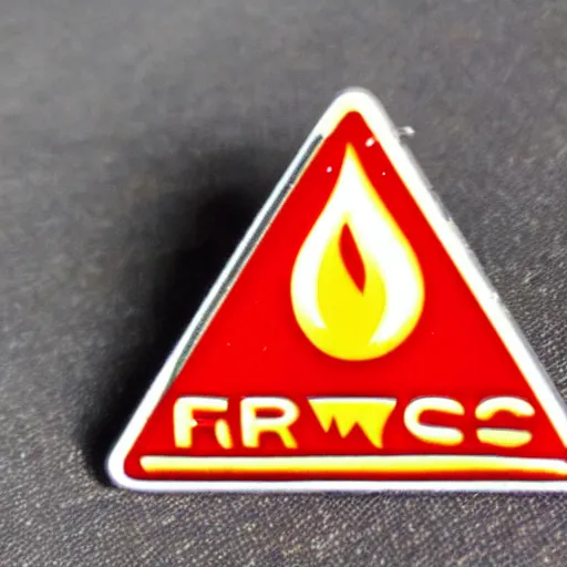 Prompt: a triangle enamel pin of a retro fire flames warning label, smooth curves