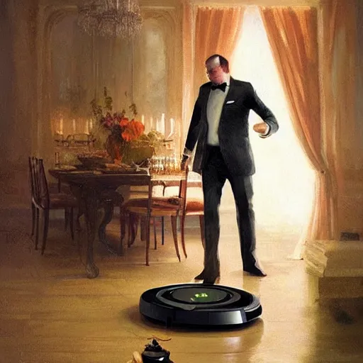 Image similar to A humble roomba butler attempts to serve food to guests at a fancy houseparty, 4k, trending on Artstation, art by Greg Rutkowski