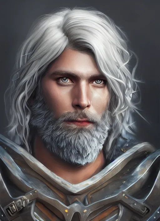 Image similar to an epic fantastic realism comic book style portrait painting of an aasimar paladin, male, shaggy silver hair, short brown beard, d & d concept art, unreal 5, daz, petrol aesthetic, octane render, cosplay, rpg portrait, dynamic lighting