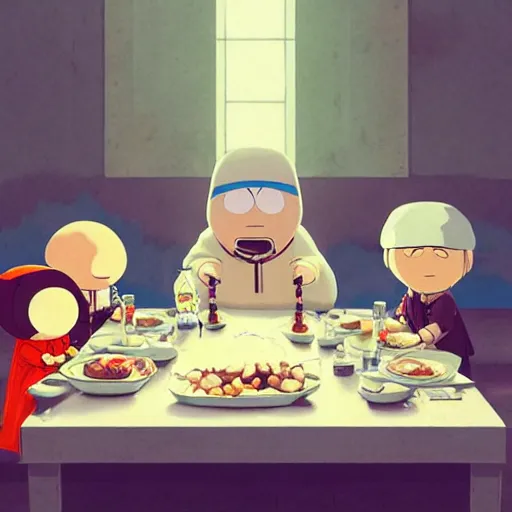 Image similar to milk - chan and ike from south park and stewie from family guy and bobby from bobby's world all sitting at the dinner table. in the style of the last supper by ruan jia fenghua zhong, ryohei hase, ismail inceoglu