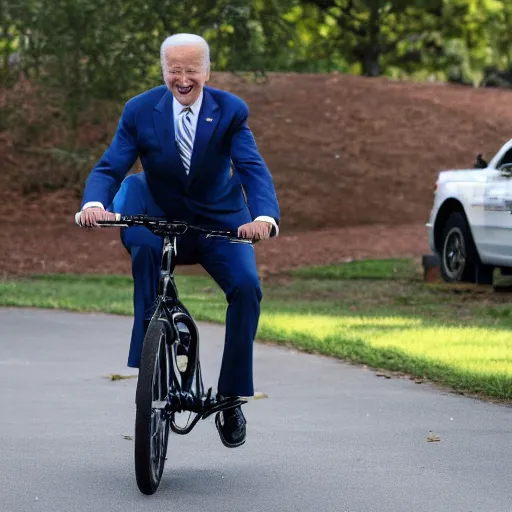 Image similar to joe biden riding a bike with training wheels on