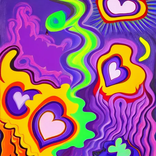 Image similar to a highly detailed painting of kitschy purple hearts in flames, inspired by lisa frank, dali, matisse, david hockney, trending on artstation, 4 k