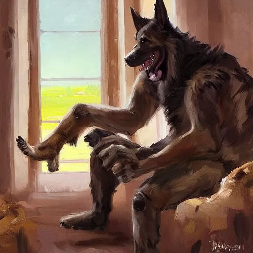 Image similar to a humanoid german shepherd beast - man, sitting and watching a soccer match in his house on television, he has hurt his knee and is a dad, by erin hanson, alexi zaitsev, karl spitzweg, award winning, tv set