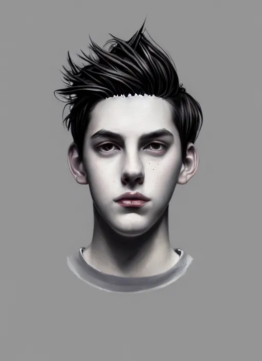 Image similar to portrait of teenage jughead jones wearing a light grey crown, photorealistic, crown, eyes closed, crown, black hair, intricate, elegant, glowing lights, highly detailed, digital painting, artstation, concept art, smooth, sharp focus, illustration, art by wlop, mars ravelo and greg rutkowski