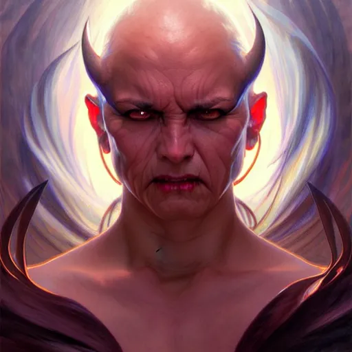 Image similar to face portrait of angry demon, realistic, high qulity, 4 k, sharp fucos, tranding on art station, illustration, art by artgerm and greg rutkowski and alphonse mucha