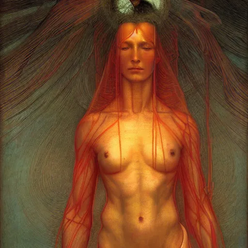Image similar to Woman masterpiece, red, golden halo behind her head, by Edgar Maxence and Ross Tran, Zdzisław Beksiński, and Michael Whelan, distant, gustav dore, H.R. Giger, 8k, octane render
