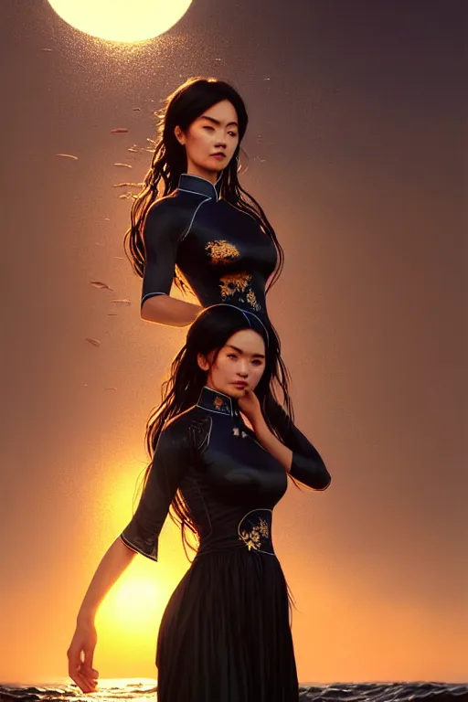 Image similar to photorealistic portrait of a dark mystical goddess wearing a qipao dress, ao dai, big sun rough sea and jagged rocks, nets, plastic bottles, garbage, sand and sea, golden hour, environmental, fantasy, atmospheric, hyper realistic, artstation, art by artgerm, andres rodriguez and john william waterhouse