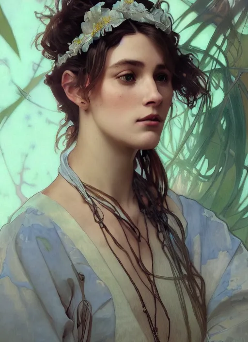 Prompt: Claire Elizabeth Cottrill wearing luxuruous hawaiian rayon shirt, rule of thirds, accurately portrayed, portrait art by alphonse mucha and greg rutkowski, highly detailed, digital painting, concept art, illustration, ethereal lighting with twilight rays of sunlight, trending on artstation, very detailed, smooth, sharp focus, octane render, close up