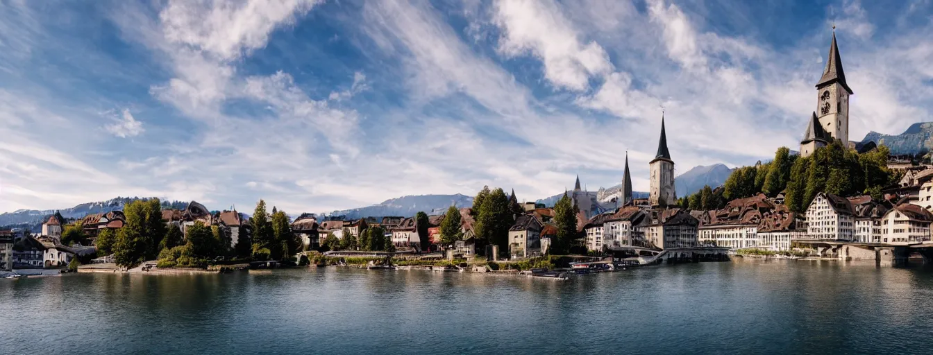 Image similar to Photo of Zurich, in the Alps, Limmat at the lake, Hardturm, Grossmünster, wide angle, volumetric light, hyperdetailed, light blue water, artstation, cgsociety, 8k