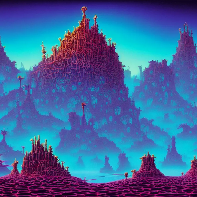 Image similar to mysterious skull castles in infinite circuit board valley, synthwave, fractal waves, bright neon colors, highly detailed, cinematic, tim white, roger dean, michael whelan, caza, bob eggleton, philippe druillet, vladimir kush, kubrick, alfred kelsner, vallejo