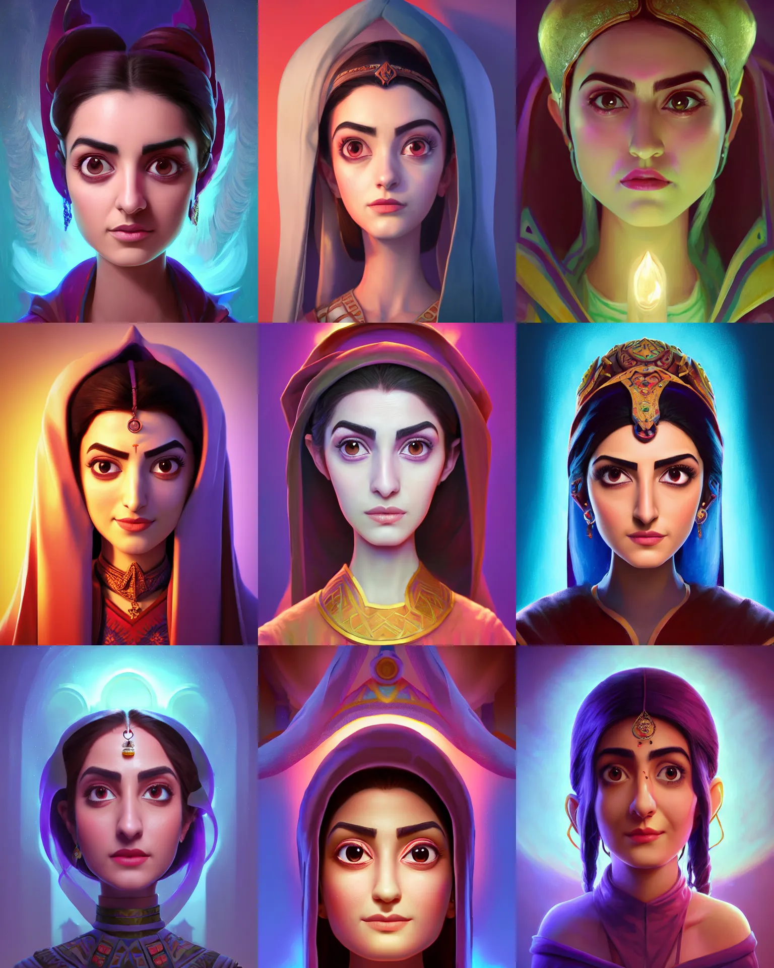 Prompt: head-on symmetrical centered painted portrait, Maya Ali as a mage, matte painting Arcane DOTA pixar, maya engine on stylized background splash comics global illumination lighting artstation, by RHADS, Yaroslav Tokar, Ilya Ozornin, Wu Liu, Devon Cady-Lee, Chengyou Liu, Qifeng Lin, Lois van baarle, ilya kuvshinov, rossdraws