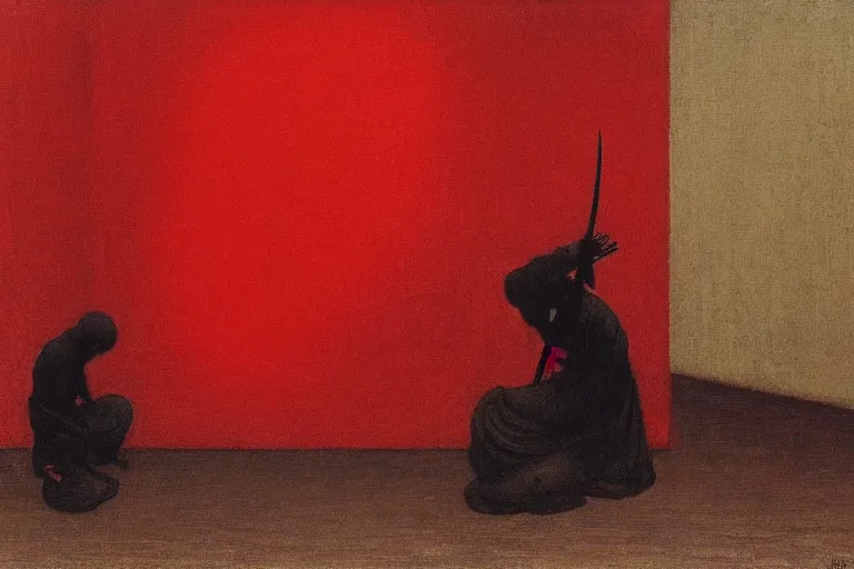 Image similar to only with red, a red samurai do seppuku, tokio, a lot of frogs watch, in the style of beksinski, parts by edward hopper, parts by rodcenko, parts by yue minjun, intricate and epic composition, red by caravaggio, insanely quality, highly detailed, masterpiece, red light, artstation, 4 k