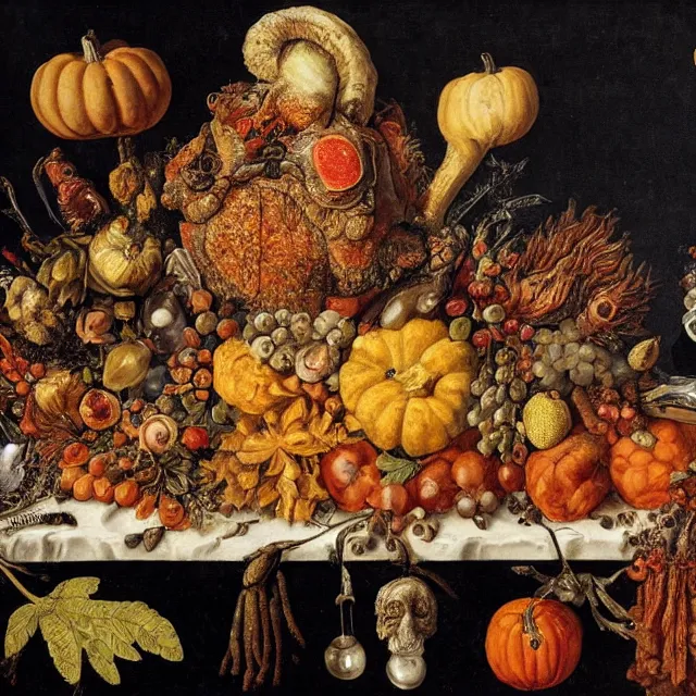 Image similar to victorian thanksgiving supper, black background, still life by giuseppe arcimboldo, vanitas, intricate high detail masterpiece