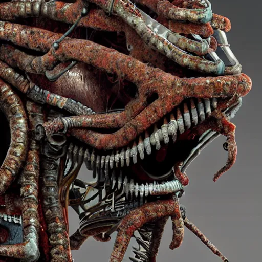 Prompt: a close up of an elongated machine made of gums tongues and raw meat rust, in a factory, concept art by giger, cgsociety, assemblage, trypophobia, greeble, grotesque, biomechanical open mouth with tongues, industrial saliva ooze