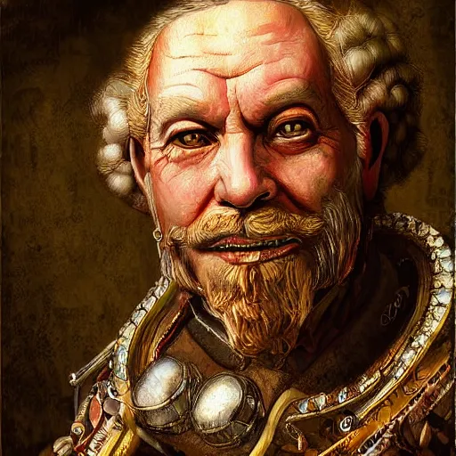 Image similar to portrait headshot digital painting of a old 17th century old cyborg merchant amber jewels baroque ornate clothing scifi hyper realistic