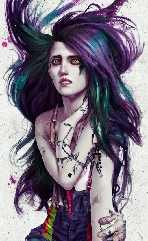 Prompt: a grungy goth woman with rainbow hair, drunk, angry, soft eyes and narrow chin, dainty figure, long hair straight down, torn overalls, basic white background, side boob, symmetrical, single person, style of by Jordan Grimmer and greg rutkowski, crisp lines and color,