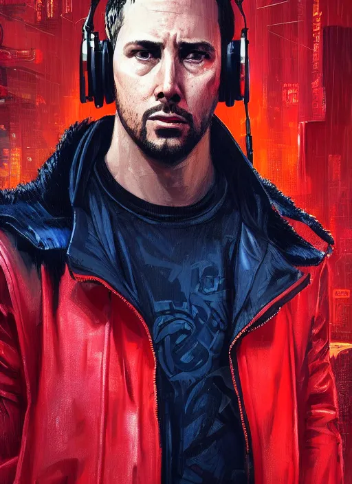 Image similar to cyberpunk character wearing jumpsuit and red jacket and cyberpunk headset. ( blade runner 2 0 4 9, dystopian, cyberpunk 2 0 7 7 character design ). attractive face. portrait by james gurney and laurie greasley, oil on canvas. cinematic, hyper realism, realistic proportions, full view, dramatic lighting, high detail 4 k