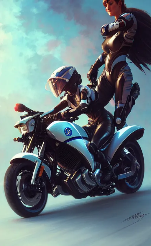 Image similar to Police female riding yamaha motorcycle, sci-fi, highly detailed, digital painting, artstation, concept art, smooth, sharp focus, illustration, art by artgerm and greg rutkowski and alphonse mucha