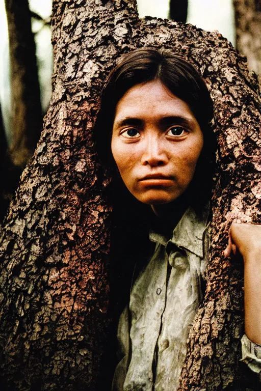 Image similar to close up portrait photography of a woman with bright eyes standing in front of forest fire, 35mm, film photo, steve mccurry