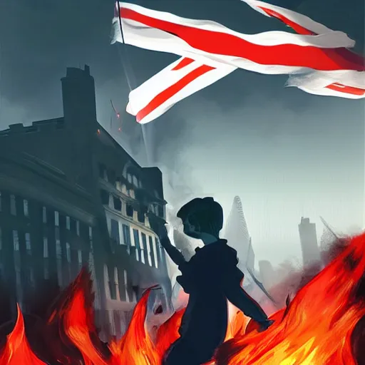 Image similar to people violently protest in London, burning buildings, Brexit flag in flames, 2d, ultra highly detailed, digital painting, smooth, sharp focus, artstation, pixiv, art by Ilya Kuvshinov