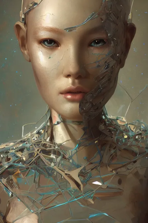 Prompt: a hiper intricate portrait of beautiful cybernetic barbi doll, it falls apart into voronoi fractures, broken glass, hiper intricate 3 d render, hyper realistic detailed portrait, ruan jia, wlop. scifi, fantasy, hyper detailed, octane render, concept art, by peter mohrbacher, by wlop, by ruan jia