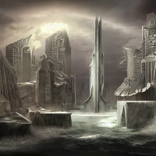 Image similar to fantasy rendering of art deco brutalist city atlantis rising, torrent, maelstrom, chiseled formations, atmospheric, ambient, frost, matte painting