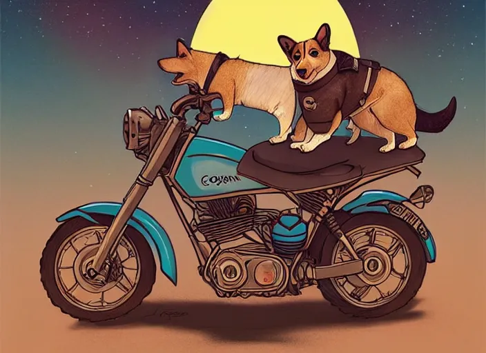 Prompt: a cell shaded cartoon corgi riding a motorcycle, with a big head, on a desert road, wide shot, in front of a big moon, muted colors, post grunge, josan gonzales, wlop, by james jean, victor ngai, hq, deviantart, art by artgerm