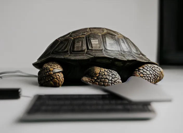 Image similar to photo still of a tortoise working on a laptop, 8 k, studio lighting bright ambient lighting key light, 8 5 mm f 1. 8