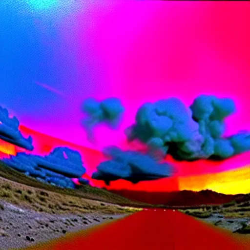 Image similar to combat drone strike war footage, ir, chromatic aberration!!!!!!!!!!!, broken camera colors, iridescent!!!!!!!!! saturated infrared camera, very high contrast, nuclear cloud, high angle vertical, inversed color, clouds, jpeg compression