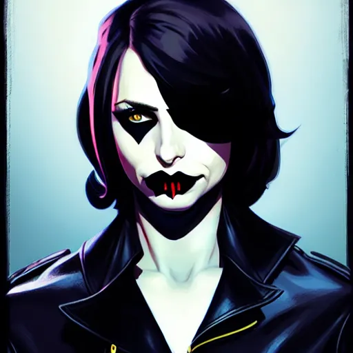 Image similar to rafael albuquerque comic art, peter mohrbacher, steve niles, artgerm, pretty willa holland vampire sharp vampire teeth open mouth, symmetrical eyes, black leather jacket, jeans, long blonde hair