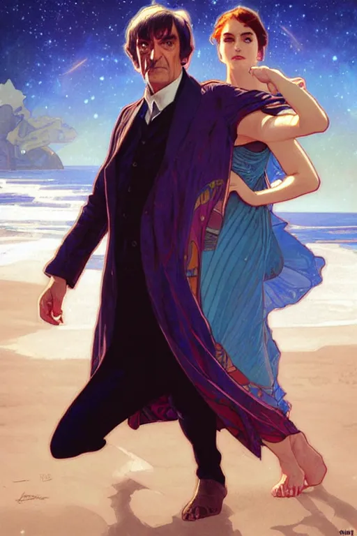 Prompt: the doctor who, patrick troughton on a beach, the ocean in the background, swirling colourful stars in the background, art by artgerm and greg rutkowski and alphonse mucha