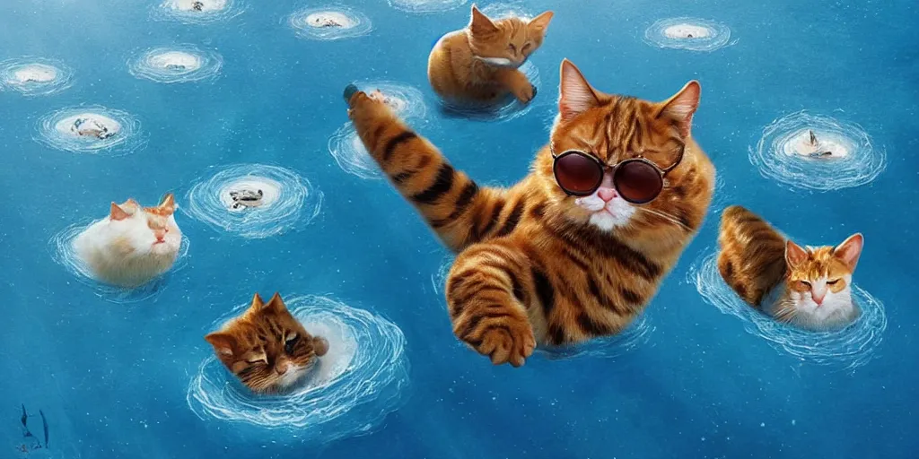 Image similar to Floating cats that look like Elton John over a blue ocean, Darek Zabrocki, Karlkka, Jayison Devadas, Phuoc Quan, trending on Artstation, 8K, ultra wide angle, pincushion lens effect.