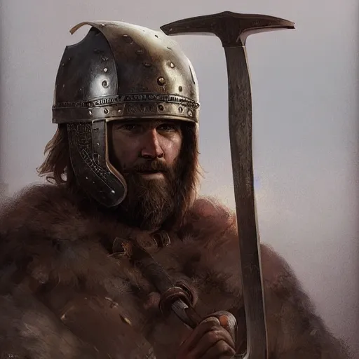 Prompt: portrait of a viking warrior with a helmet and axe hands painted black leather armor, highly detailed, digital painting, artstation, concept art, illustration, greg rutkowski, mucha,