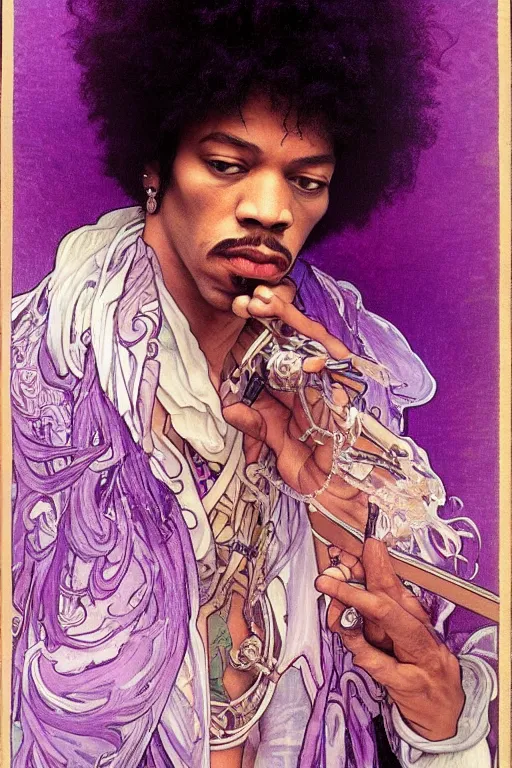 Image similar to A mesmerizing 8k hyperrealistic portrait of a purple jimi hendrix transforming into a purple haze, soft, sharp focus, detailed, art by Alphonse Mucha