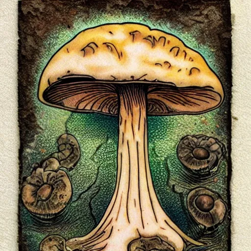 Image similar to mushroom in decay, tattoo art, japanese, color restoration, vortex, highly detailed,