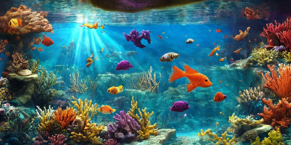 Image similar to beautiful underwater scene. an ancient ship sunk in the abyssvery shiny water. colorful fish. seahorse. goldfish. coral, water flowers. beautiful lighting, 4 k post - processing, highly detailed, 5 k extremely detailed, 3 d. sun is highlighting the bubbles. render in octane and cryengine. painterly detailed matte painting, by albert bierstadt