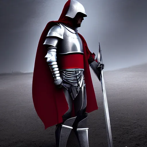 Image similar to man in crusader armor and cape with big red cross on it digital art realistic high detail