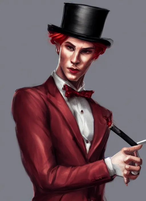 Image similar to a highly detailed illustration of stylish top hat wearing red haired ponytail man, with slight stubble, wearing suit vest, flashy smoking cigarette pose, intricate, elegant, highly detailed, centered, digital painting, artstation, concept art, smooth, sharp focus, league of legends concept art, WLOP