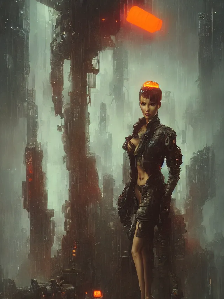 Image similar to a hyperrealistic cyberpunkpunk portrait of a gorgeous woman in the movie Bladerunner 2046, with dead trees and orange pollution, award-winning, masterpiece, in the style of Tom Bagshaw, Cedric Peyravernay, Peter Mohrbacher