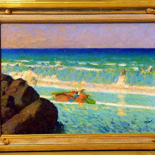 Image similar to oil paint impasto reliefs, italian beach scene, an artwork by charles w. bartlett and colin campbell cooper