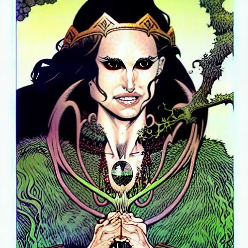 Image similar to a portrait of natalie portman as a druidic wizard by rebecca guay, michael kaluta, charles vess and jean moebius giraud