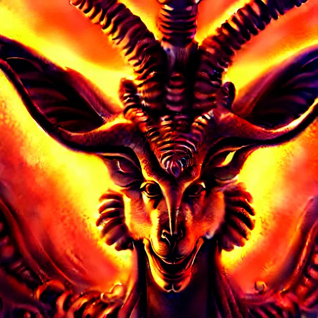 Prompt: Beautiful closeup portrait 3d render of the illuminati Baphomet, face portrait, atmospheric lighting, painted, intricate, volumetric lighting, beautiful, rich deep colors masterpiece, sharp focus, ultra detailed, in the style of Dan Mumford and marc simonetti, with a clear crowded futuristic cyberpunk city in the background, astrophotography