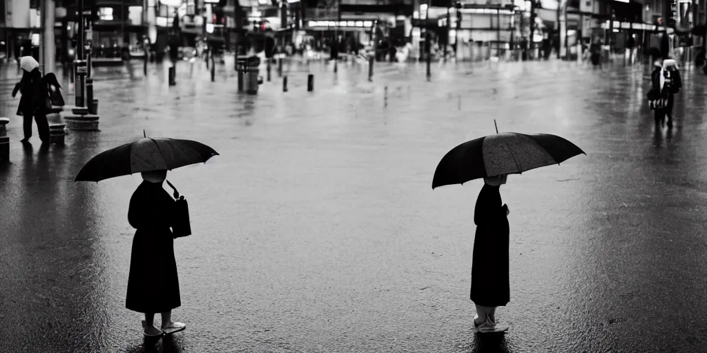 Prompt: A lonely woman with an umbrella waiting to cross Shibuyas crossing in Japan, back facing the camera, rainy afternoon, dramatic contrasting light