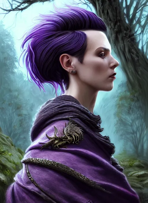 Prompt: side portrait beautiful german woman, adventurer outfit large cloak, fantasy forest landscape, dragon scales, fantasy magic, undercut hairstyle, short purple black fade hair, dark light night, intricate, elegant, sharp focus, illustration, highly detailed, digital painting, concept art, matte, art by wlop and artgerm and ivan shishkin and andrey shishkin, masterpiece